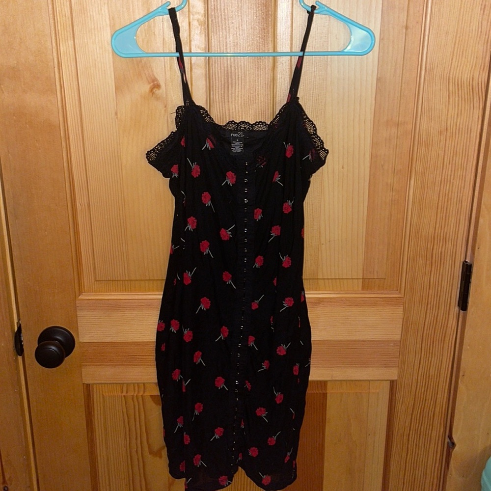 Black midi dress with red roses